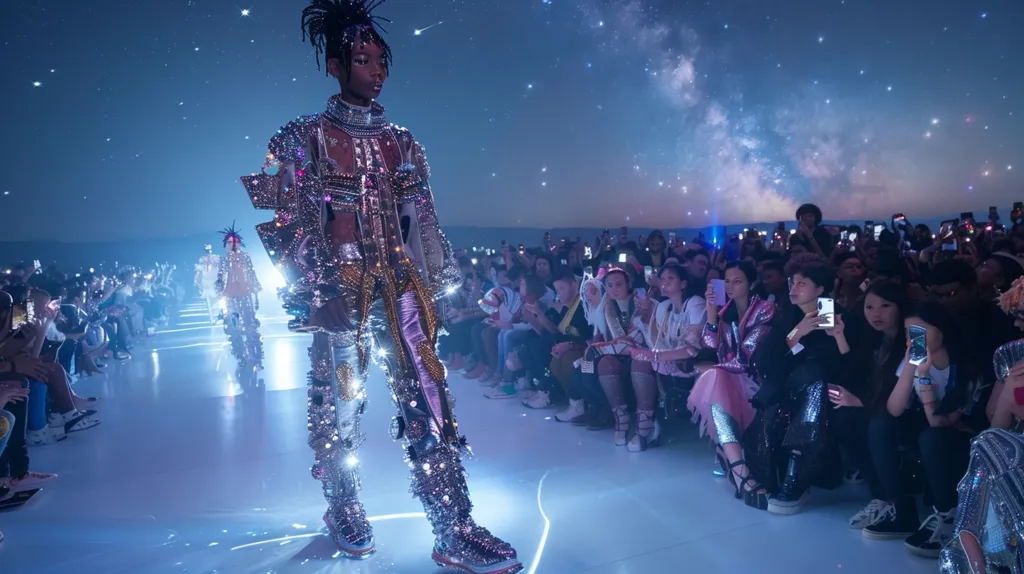 A young model, adorned in a shimmering, multi-colored, futuristic outfit, walks down a runway. The runway is bathed in blue light, and the audience, seated in the background, captures the moment with their smartphones. The sky above is a canvas of twinkling stars and a vibrant milky way. The scene exudes a futuristic and ethereal atmosphere.
