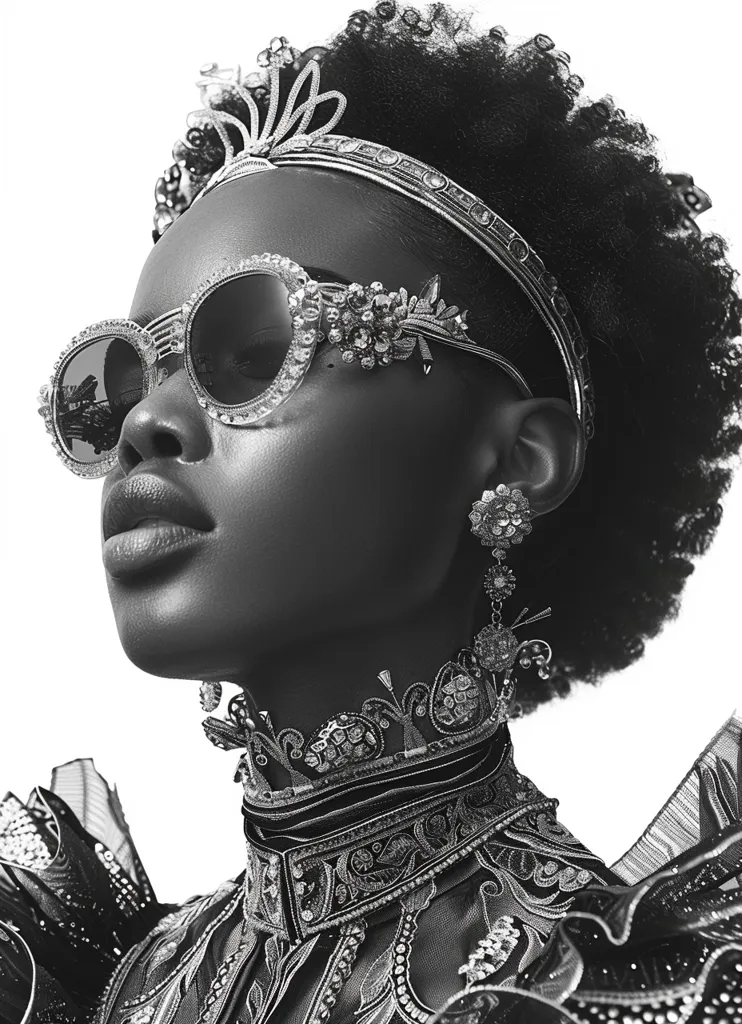 A black and white portrait of a woman with an afro, wearing a jewel-encrusted crown, elaborate earrings and a jeweled collar. Her face is partially obscured by large, ornate sunglasses.  She gazes upwards with a serious expression. The image is reminiscent of a regal portrait, emphasizing the woman's power and beauty.