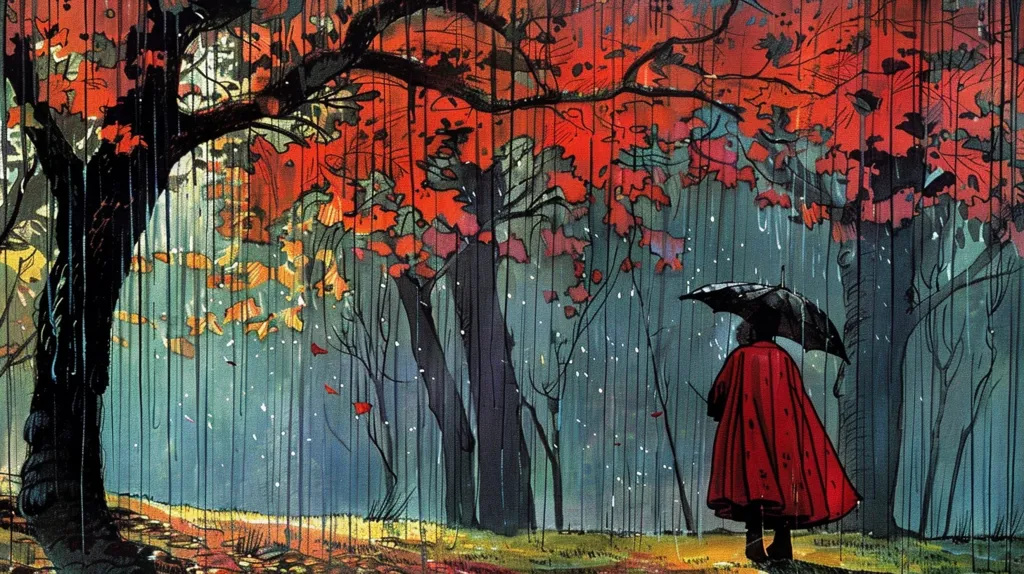 The image is a painting of a rainy day in a forest. A person wearing a red cloak and holding an umbrella walks through the forest, with tall trees and a thick canopy overhead. The trees have red and orange leaves, and the rain falls in long streaks. The image has a dark, mysterious atmosphere.