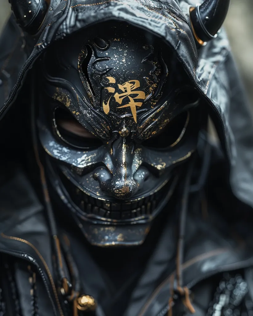 A person is wearing a black hooded jacket with a detailed black and gold Oni mask. The mask features horns, sharp teeth, and a gold symbol on the forehead. The image is dark and dramatic, creating an air of mystery and intrigue.  The focus is on the mask and its intricate details.  The lighting highlights the gold accents and the deep shadows of the mask.