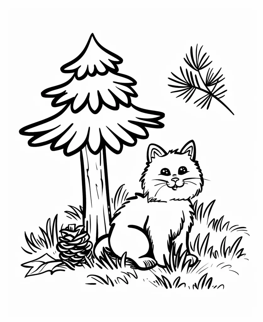 A black and white illustration of a cat sitting in front of a tall, thin Christmas tree with a pine cone at its base. The cat is smiling and has a fluffy tail. There is a pine branch in the top right corner of the image. The cat and tree are surrounded by grass.