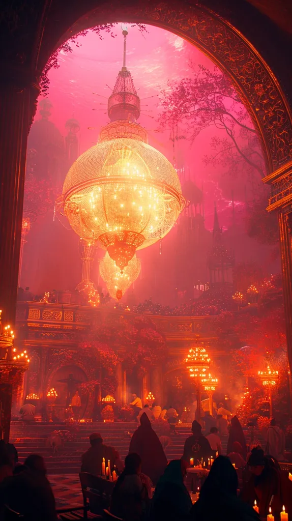 The image depicts a grand hall bathed in a warm, crimson glow. A massive chandelier hangs from the vaulted ceiling, its glittering crystals casting an ethereal light. Silhouetted figures gather below, their faces obscured by the shadows, creating a sense of mystery and intrigue. The overall ambiance is one of opulent grandeur and hushed reverence.