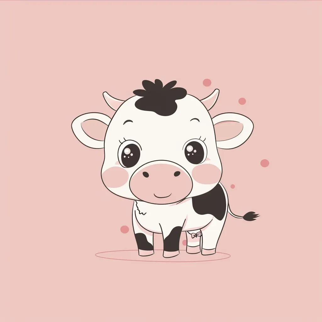 The image shows a cute cartoon cow with big, round eyes, a pink nose and a black and white spotted body. The cow is standing on a pink background with some small pink dots. The image is drawn in a simple, child-friendly style.  The overall tone of the image is playful and endearing.  It is likely to appeal to young children.