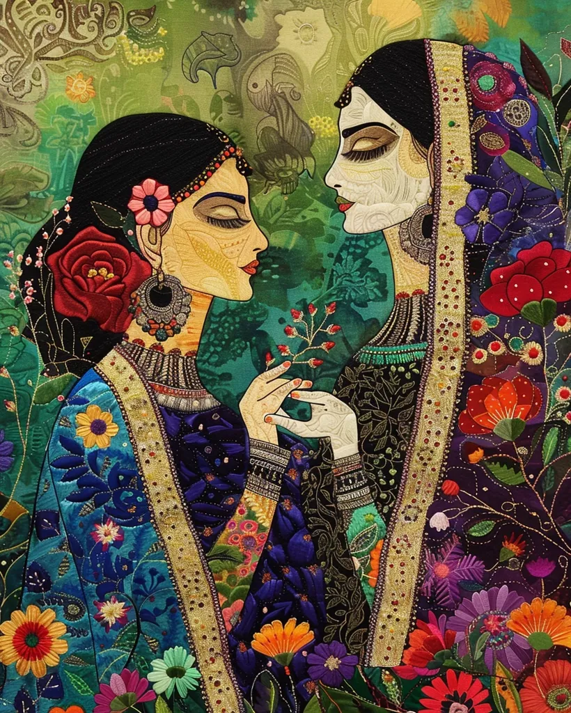 Two women, dressed in elaborate Indian clothing, are depicted in a close-up portrait. The woman on the left is looking at the viewer with a gentle expression, while the woman on the right gazes down at a small sprig of red berries in her hand. The background is a vibrant tapestry of green, floral, and paisley patterns. The painting is crafted with intricate detail, creating a visually stunning and textured scene. The overall mood is one of quiet contemplation and beauty.