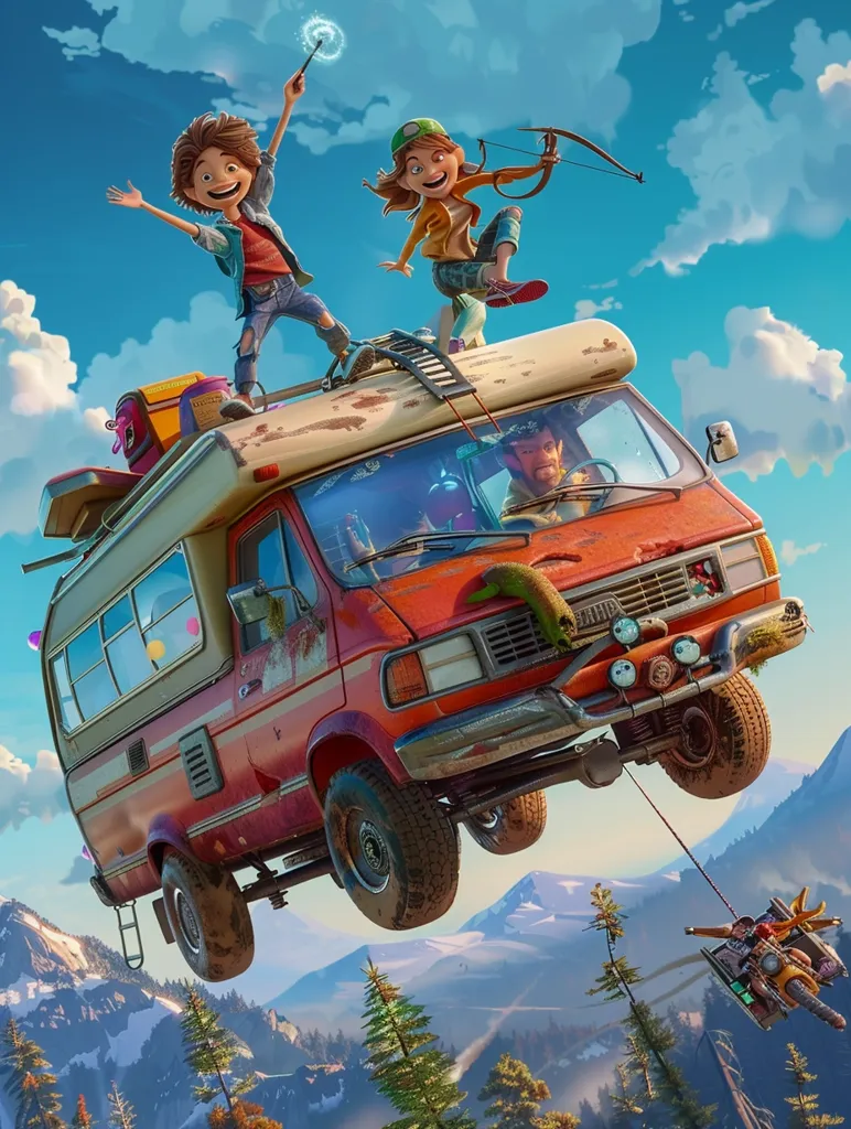A cartoon van flies through the air over a snow-capped mountain range. Two children, a boy with a wand and a girl with a bow and arrow, stand on top of the van. A man drives the van, and a motorcycle with two riders is being towed behind. The scene is bright and colorful, with a whimsical feel.