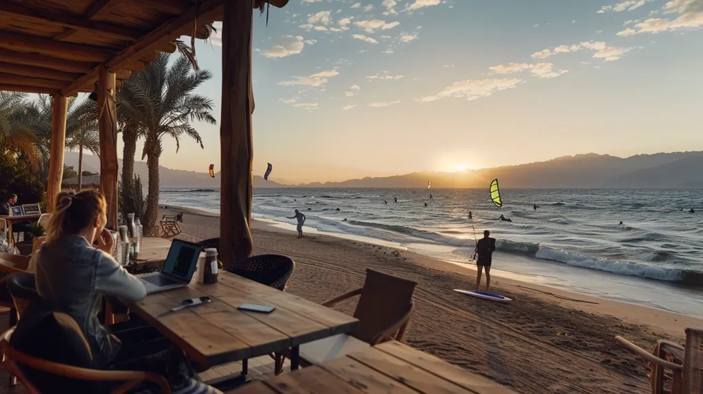 A woman sits at a wooden table on a beach, working on her laptop. The sun is setting over the water, casting a golden glow over the scene. Palm trees sway in the breeze, and in the distance, people are kitesurfing on the waves.  The air is filled with a sense of peace and tranquility.