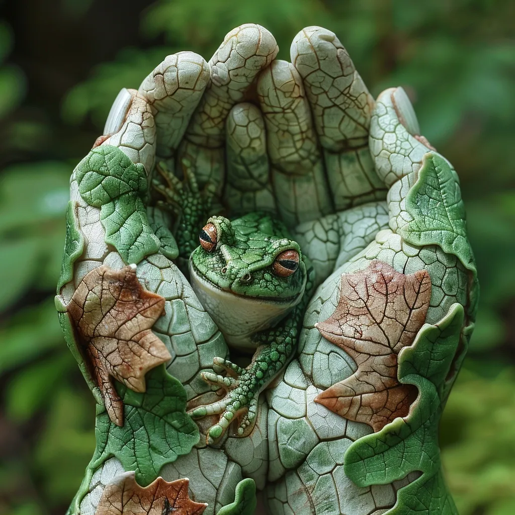 A green frog sits comfortably within a hand-shaped sculpture made of leaves and vines. The hand is formed by a series of interlocking green leaves that create the shape of a human hand. The frog's bright green skin and large, black eyes contrast against the leafy background.  The sculpture is a stunning example of how art can imitate nature.