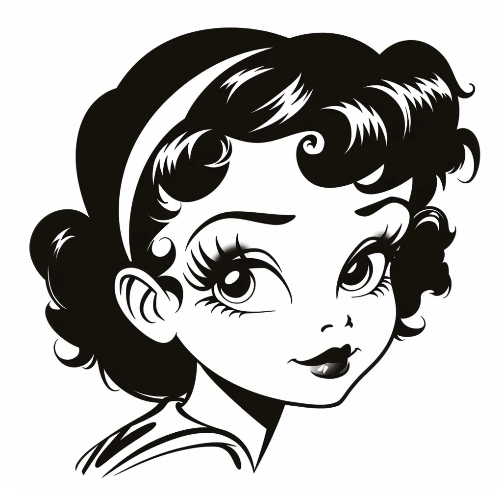 The image shows a cartoon girl with large, expressive eyes, full lips, and a charming smile. She has curly hair with a headband and is dressed in a simple, elegant outfit. The black and white tones give the image a classic, retro feel, evoking a sense of innocence and beauty.  The girl's gaze is directed to the right, suggesting a sense of curiosity or anticipation.
