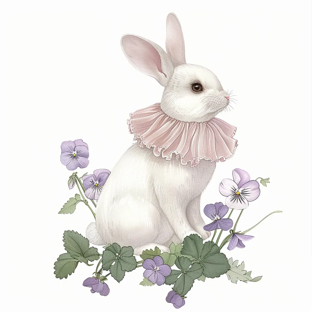 A white rabbit with a pink frilly collar sits amidst a bed of delicate purple pansies. The rabbit is facing right, its head tilted slightly towards the viewer.  The illustration is rendered in a watercolor style, with soft, muted colors. The scene evokes a sense of gentle charm and innocence.