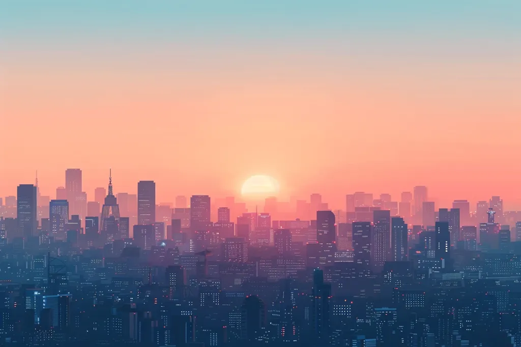A cityscape with a silhouette of buildings and a large, round sun setting over them. The sky is a gradient of pink and blue, creating a soft and romantic atmosphere. The buildings are densely packed, creating a sense of urban density. The image has a dreamy and nostalgic feel.