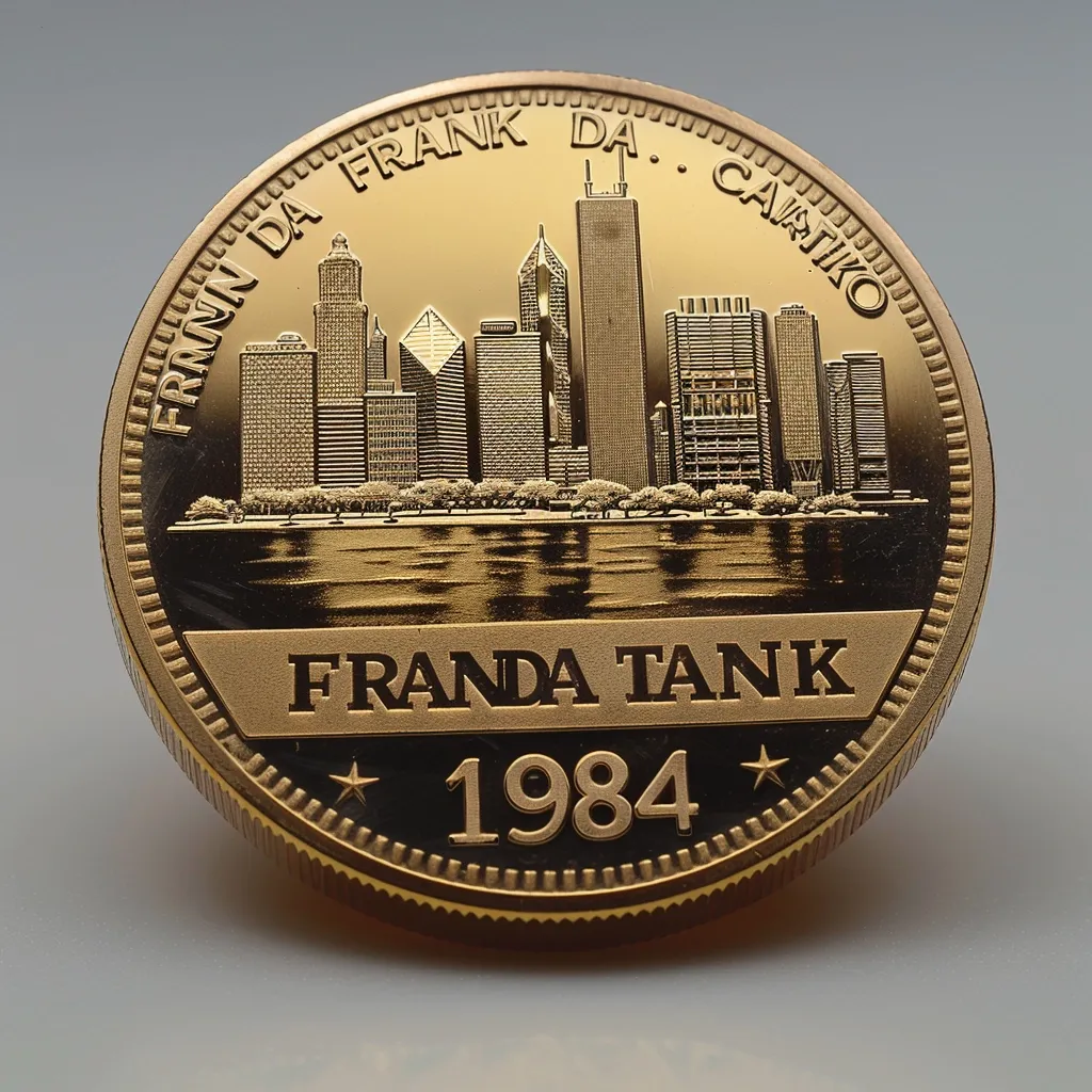 The gold coin depicts a skyline of Chicago with the words "FRANN DA FRANK DA. CAWATIKO" around the rim, "FRANDA TANK" in the center, and "1984" at the bottom. The coin appears to be commemorating a significant event in Chicago's history.