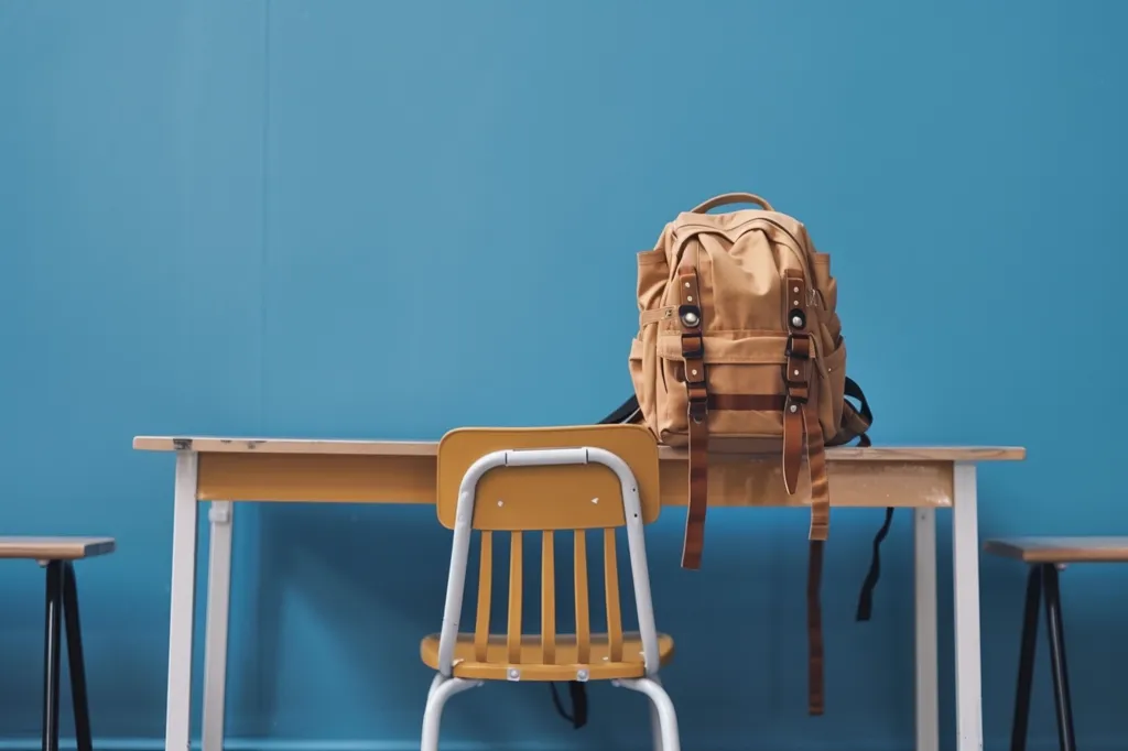 A tan backpack sits on a wooden desk with white legs, in front of a blue wall. A yellow chair with white legs sits in front of the desk. There is a small black table in the foreground. The scene suggests a classroom or study space, with a simple, minimalist aesthetic.