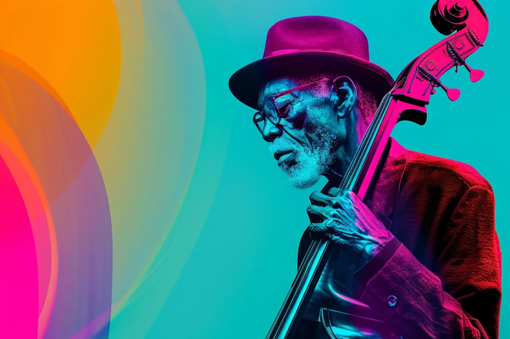 An older man in a hat and glasses plays a double bass, bathed in vibrant pink and blue light. The background is a swirl of abstract colors. The image is a portrait of a musician in a moment of intense focus and expression.