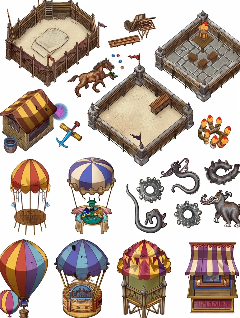 The image shows a collection of isometric illustrations of various medieval-themed structures and objects, including a wooden arena, a stone-walled courtyard, a hot air balloon, a small shop, a horse, a dragon, and several other fantasy-related items. The illustrations are rendered in a cartoon style with bright colors and intricate details.