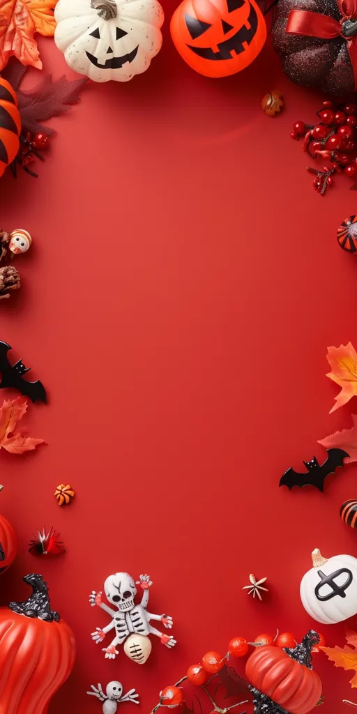 The image is a Halloween-themed border against a bright red background. It features various Halloween decorations including pumpkins, bats, and fall leaves. The pumpkins are carved with spooky faces and the bats are black. There are also some small, red and orange berries scattered around the border. The image is well-composed and creates a festive mood.