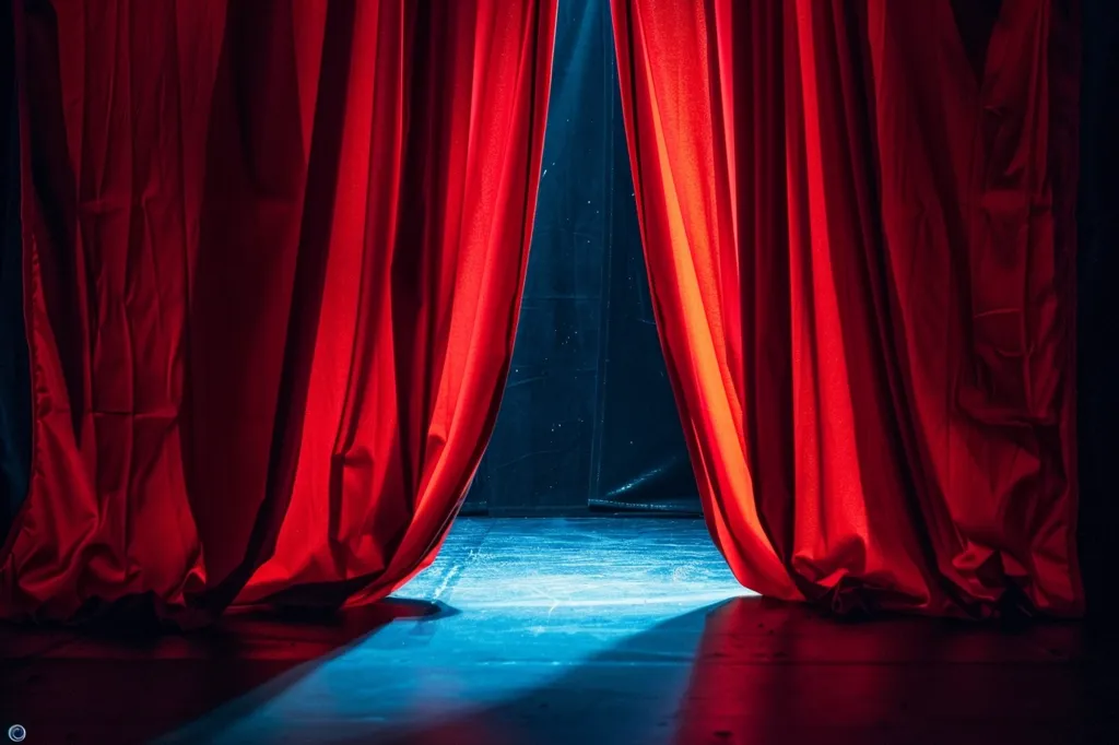 Two deep red curtains are pulled open to reveal a dark blue stage lit by a single spotlight. The stage is empty, but the curtains suggest a performance is about to begin. The image evokes anticipation and mystery, with the red curtains representing drama and the dark stage symbolizing the unknown.