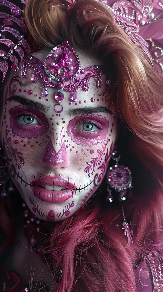 A woman with long, pink hair wears elaborate makeup, mimicking a sugar skull. Her eyes are large and bright, and her lips are painted a vibrant pink. A delicate, intricate headpiece adorned with jewels sits on her head, adding to the glamorous and macabre aesthetic. The overall image evokes a sense of beauty and mystery.