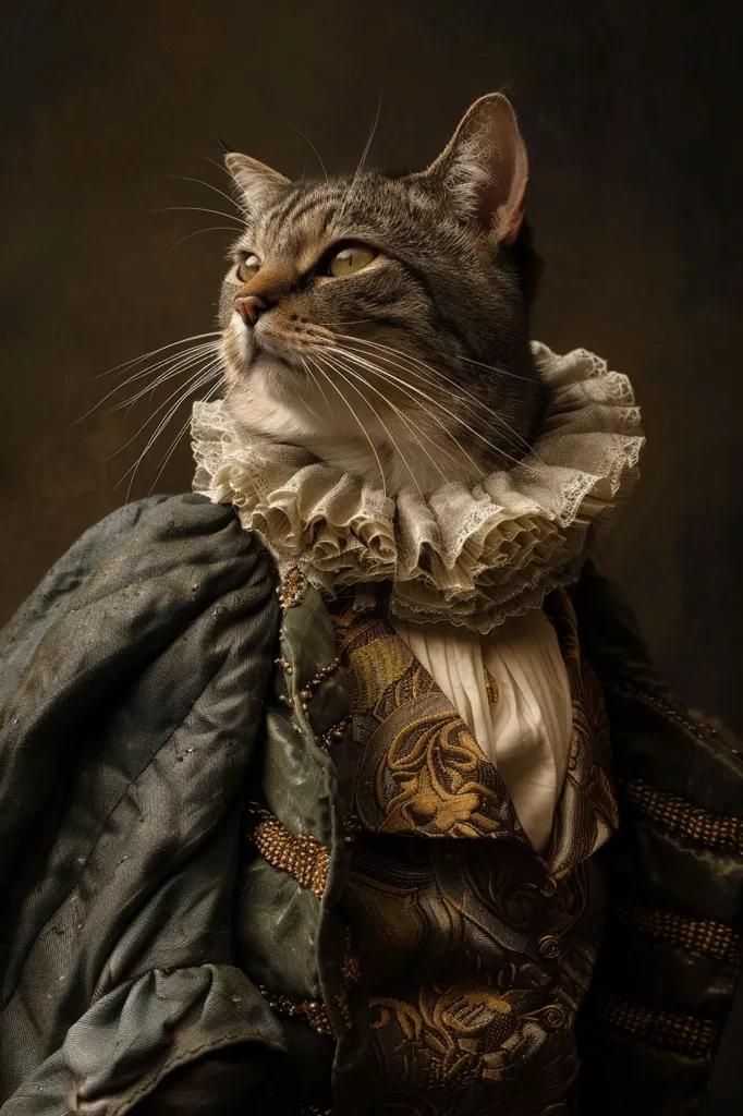 A tabby cat is dressed in a lavish, Renaissance-era costume. He wears a large, ruffled collar, a white shirt, and a green velvet jacket with gold embroidery. His fur is sleek and shiny, and he stares intently at something off-camera. The image captures a whimsical portrait of a cat as a royal subject.