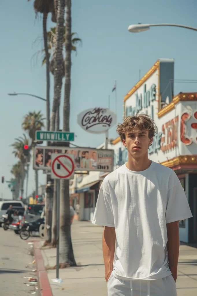 A young man, wearing a white t-shirt and white pants, stands on a city street. He has brown hair and a serious expression. Behind him are tall palm trees and a colorful building with a large sign that reads "Cock'n'Roll". The street is lined with cars and motorcycles. The overall tone of the image is relaxed and carefree.