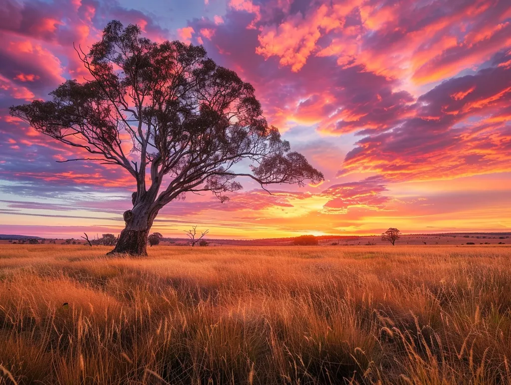 A lone tree stands tall in a field of tall grass, silhouetted against a breathtaking sunset. The sky is ablaze with vibrant hues of pink, orange, and purple, creating a dramatic and awe-inspiring backdrop. The sun dips below the horizon, casting long shadows across the landscape. This peaceful scene evokes feelings of tranquility and wonder.