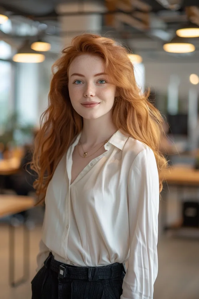 The image shows a young woman with long, flowing red hair. She is wearing a white button-down shirt and black pants. She is standing in a modern, well-lit office setting, and her smile suggests a feeling of confidence and positivity. The soft lighting and the woman's relaxed pose create a warm and inviting atmosphere.