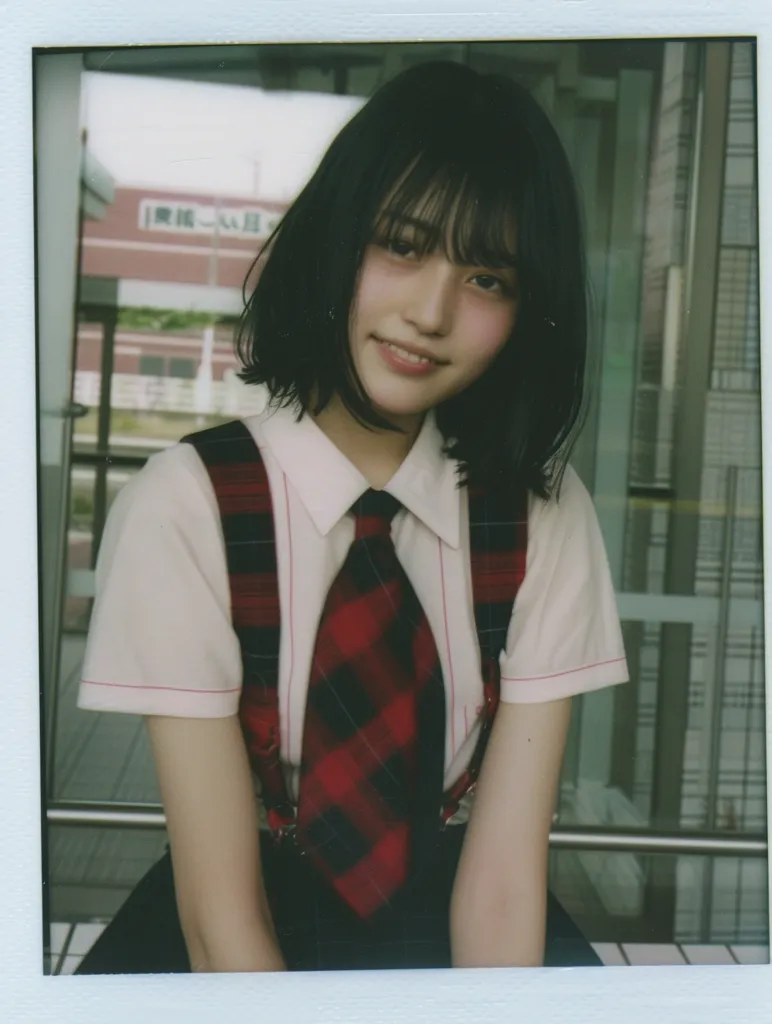 A young woman with long black hair and bangs smiles at the camera. She is wearing a white collared shirt with a red and black plaid tie and suspenders. The photo is taken in a Polaroid style frame. The background is out of focus and shows a building and a glass window.  The picture is taken from a slightly low angle and the woman is looking at the camera.  The lighting is soft and natural. The colors in the picture are muted. The overall tone of the image is innocent and charming.