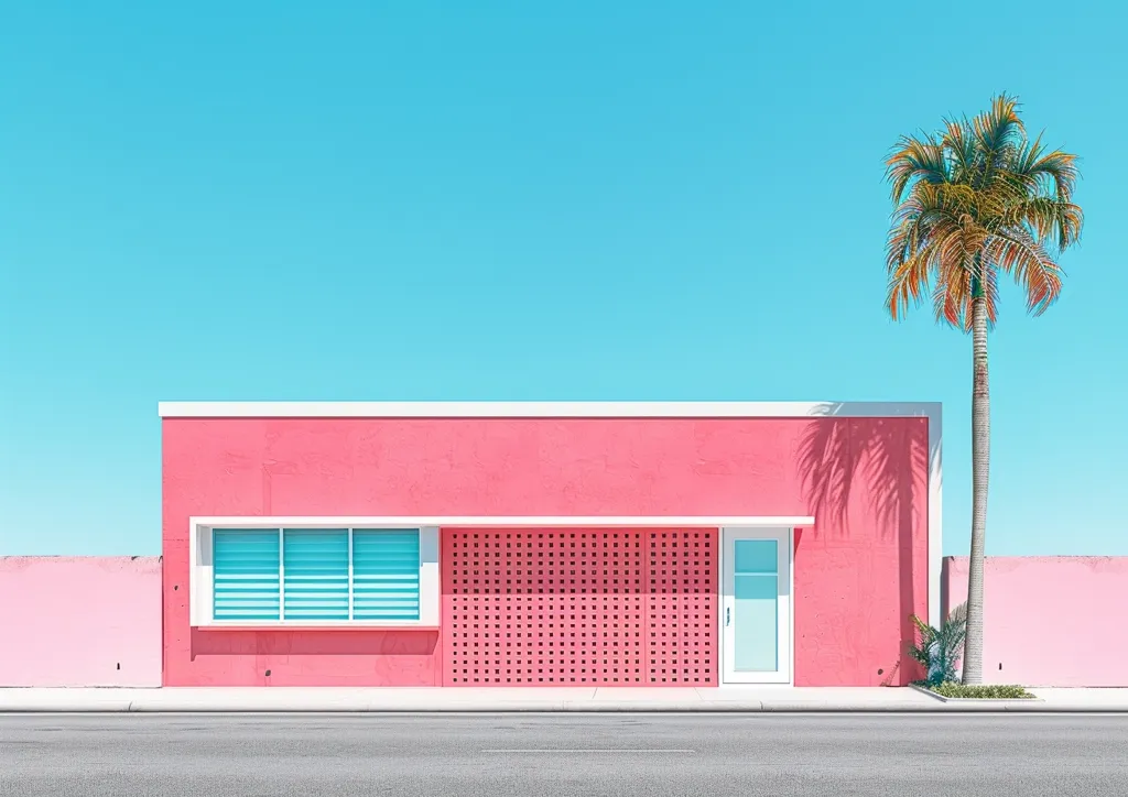 A vibrant pink building with a white trim stands against a clear blue sky. The building features a large window with white blinds, a patterned wall section, and a white door. A palm tree stands to the right of the building, casting a shadow on the wall. The scene evokes a sense of tropical tranquility.