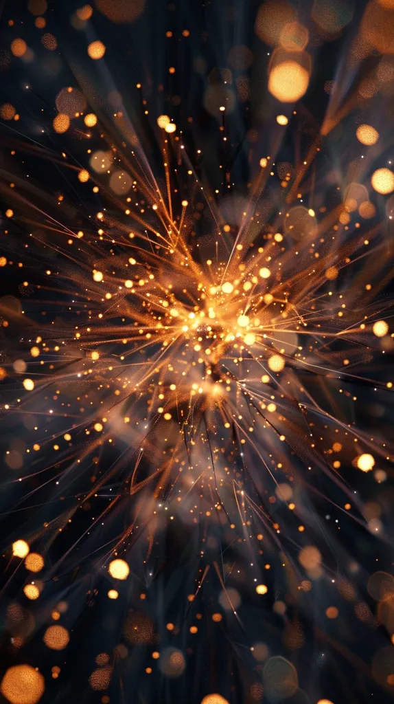 A burst of golden light, like fireworks or a star explosion, explodes from the center of the image. The light streaks outwards, creating a dazzling display against a dark background. There are small, out-of-focus circles of light scattered throughout the image, giving it a shimmering, magical quality.