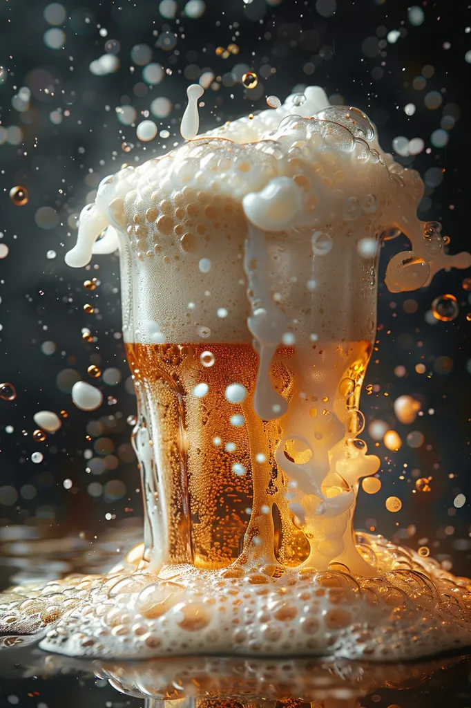 A glass of beer is overflowing with foam, creating a dramatic scene of bubbles and splashes. The beer is golden and fizzy, and the foam is white and fluffy. The background is dark and blurry, creating a sense of movement and excitement. The image captures the moment of a perfect pour, with the beer cascading over the rim and forming a frothy head.