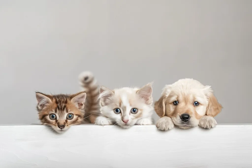 Three adorable young animals are looking at the camera. On the left, a brown tabby kitten with large eyes is peeking over a white surface. In the center, a white kitten with a brown patch on its head stares intently. On the right, a golden retriever puppy with big, soulful eyes looks at the camera. The animals are set against a light gray backdrop.  The image is a sweet representation of the bond between pets and humans.