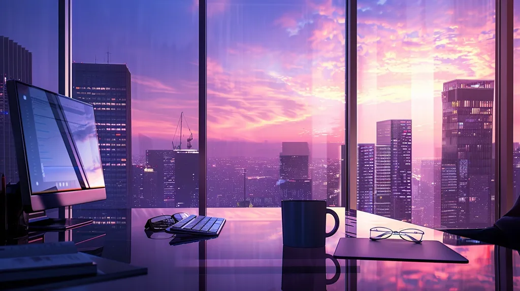 A sleek office desk sits before a panoramic view of a city skyline bathed in the soft glow of a purple sunset. The desk is clean and minimalist, with only a computer monitor, keyboard, a mug, and glasses. The windows showcase the vibrant cityscape, creating a serene and inspiring ambiance.  The scene evokes a sense of tranquility and modern elegance.