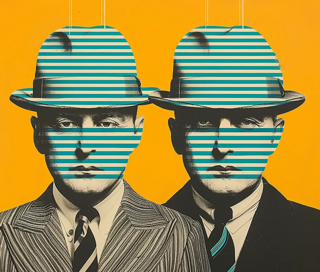 Two men in suits and hats stand side by side against a yellow background. Their faces are obscured by horizontal turquoise and white stripes, creating a sense of anonymity and intrigue. The striped pattern is repeated in the hats, adding to the visual impact. The image evokes a feeling of mystery and secrecy.