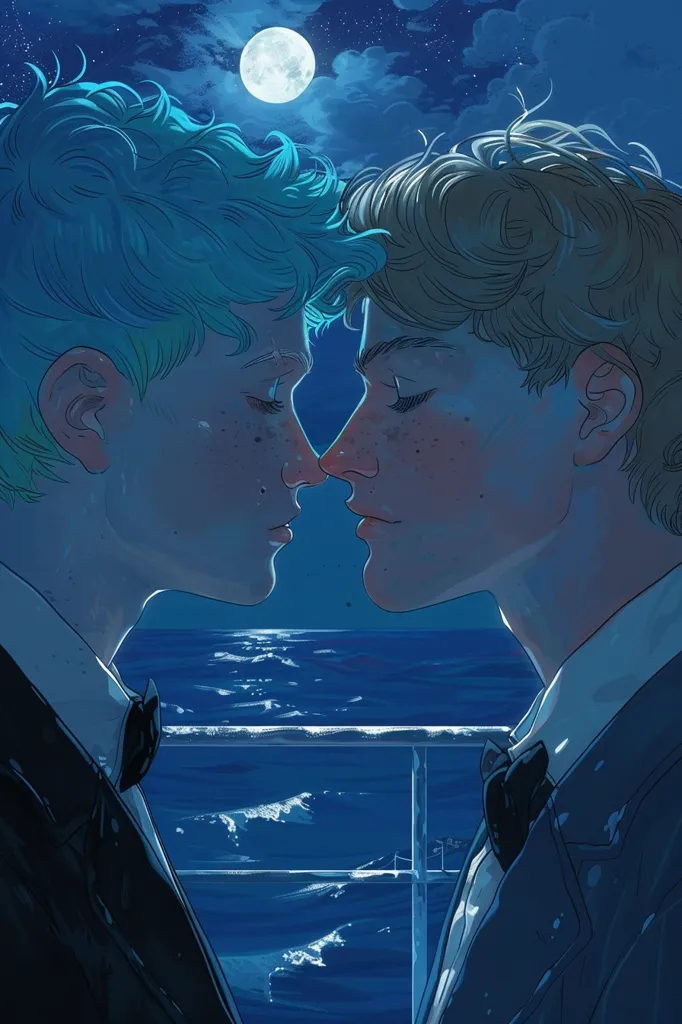 Two men, one with blue hair and one with blonde hair, stand close to one another on a balcony overlooking the ocean at night.  The moon shines brightly in the sky behind them.  They are both wearing suits and bow ties.  They appear to be deeply in love, with their heads tilted towards each other and their eyes closed.  The scene is romantic and intimate, capturing a moment of shared affection between two people.