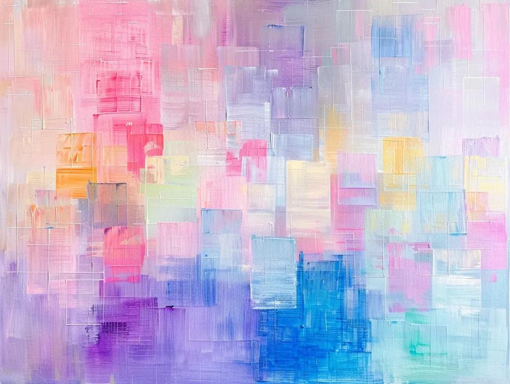 The image is an abstract painting composed of a grid of overlapping squares in pastel hues of pink, purple, blue, yellow, and green.  The brushstrokes are visible, giving the piece a textured feel.  The colors are soft and dreamy, creating a sense of calmness and serenity.  The overall effect is one of subtle beauty and delicate harmony.