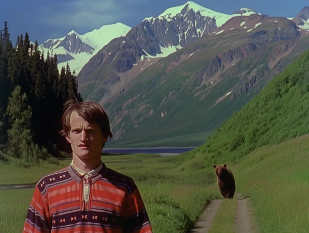 A man in a red and white striped sweater stands in a green valley. He stares intensely at the camera with a slightly scared expression. In the distance, a brown bear walks down a dirt path towards him. The valley is surrounded by a majestic mountain range with a snow-capped peak.  The sky is clear and blue.