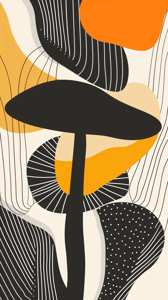 The image is an abstract design featuring a black mushroom-shaped figure standing on a beige background. It is surrounded by a series of overlapping shapes in black, white, and orange, some with striped, dotted, or radial patterns. The bold colors and simple shapes create a modern and minimalist aesthetic.