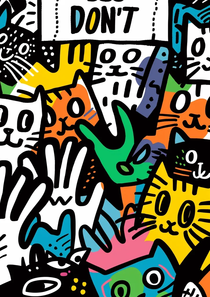 The image is a colorful and chaotic cartoon illustration. It features a variety of cats, some with large eyes and others with small ones. The background is filled with scribbles, dots, and lines. There is a large white sign in the top center of the image that says "DON'T".  The overall tone of the image is playful and whimsical.