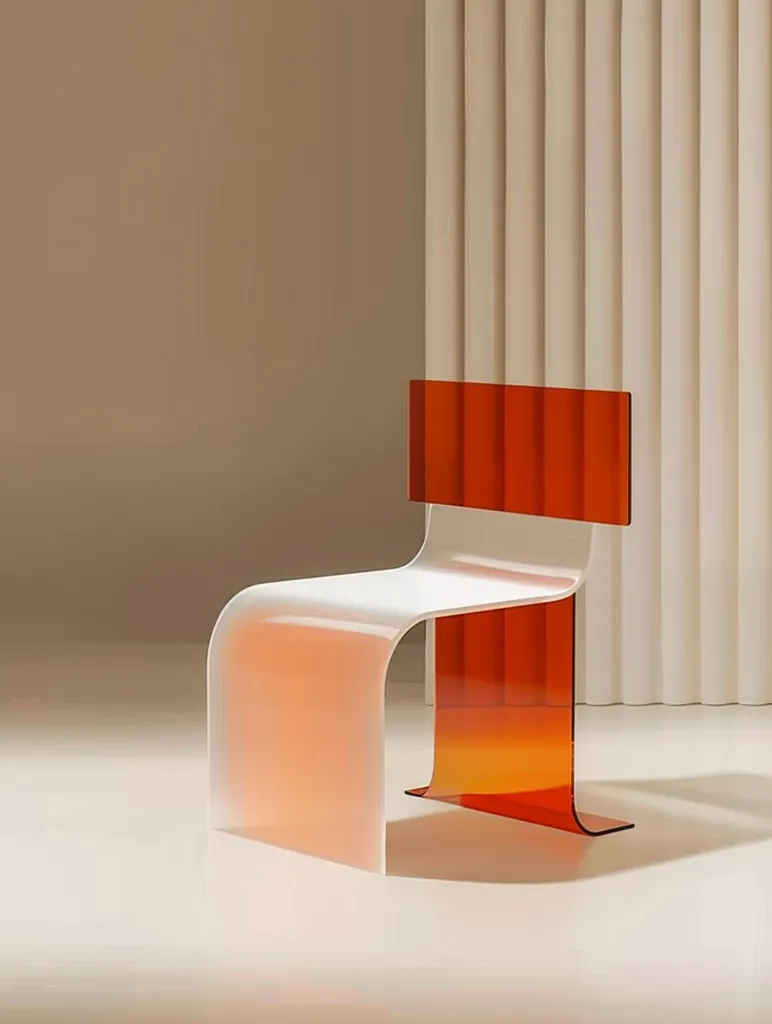 The image shows a modern chair made of clear acrylic with an orange backrest and seat. The chair has a curved design and appears to be translucent, allowing light to pass through it. The background is a simple, minimalist setting with a beige wall and white curtains. The chair stands on a white surface, reflecting the light. The image highlights the chair's sleek and contemporary design, showcasing its unique and stylish form.