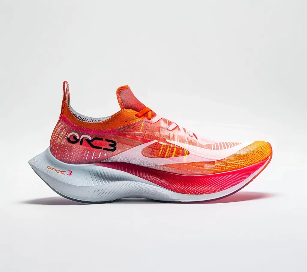 A bright orange and white Nike running shoe with a unique design. The shoe has a transparent upper with a pattern of lines and a white Nike swoosh. The sole is white and pink with a curved design. The shoe has a large "ORC3" printed on the side. The shoe is on a white background.