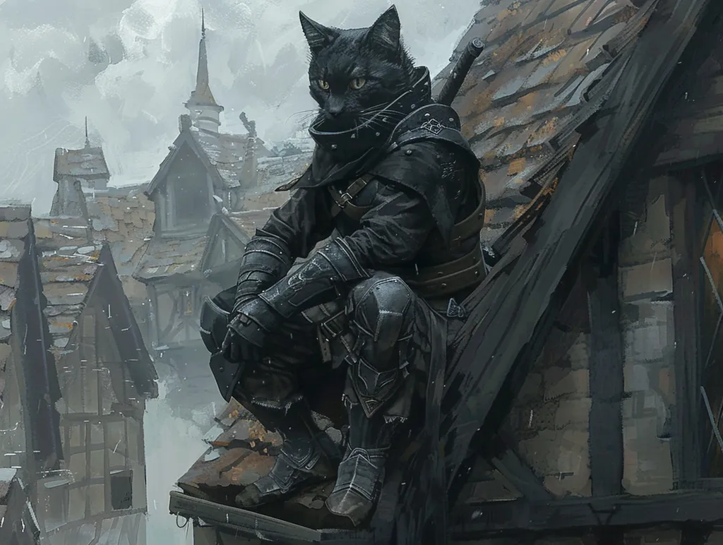 A black cat, dressed in a dark cloak and armor, sits on a rooftop overlooking a misty, medieval town. The cat has a serious expression, and a sword is strapped to its back. The image is a whimsical and slightly eerie fantasy scene, suggesting a mysterious and perhaps dangerous adventure. The cat's watchful gaze and the foggy atmosphere create a sense of intrigue and suspense.