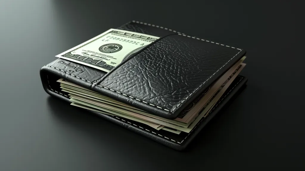 A black leather wallet with a stitched edge lies on a black surface. The wallet is closed, but a stack of US dollar bills can be seen protruding from the top. The bills are folded and have a portion of a hundred dollar bill visible. The image evokes a sense of wealth and financial security.