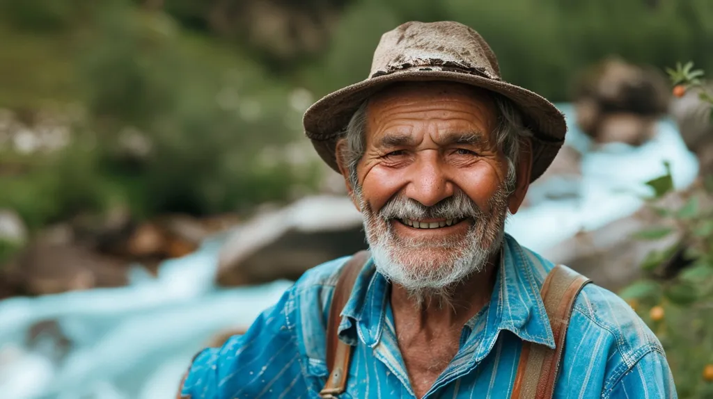 A portrait of an older man with a warm smile and kind eyes. He is wearing a blue and white patterned shirt, brown suspenders, and a brown felt hat. He appears to be outdoors, with a blurred background of a river and greenery. The man's weathered face and the relaxed expression suggest a life lived with experience and contentment.