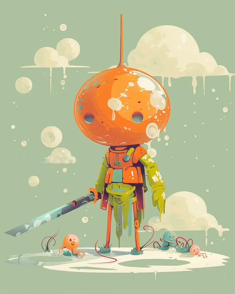 A cartoon character with a large orange head and a pointed hat stands on a white platform in a landscape of white clouds and bubbles. The character has a large sword and is dressed in a green and orange suit. The character has a sad expression.