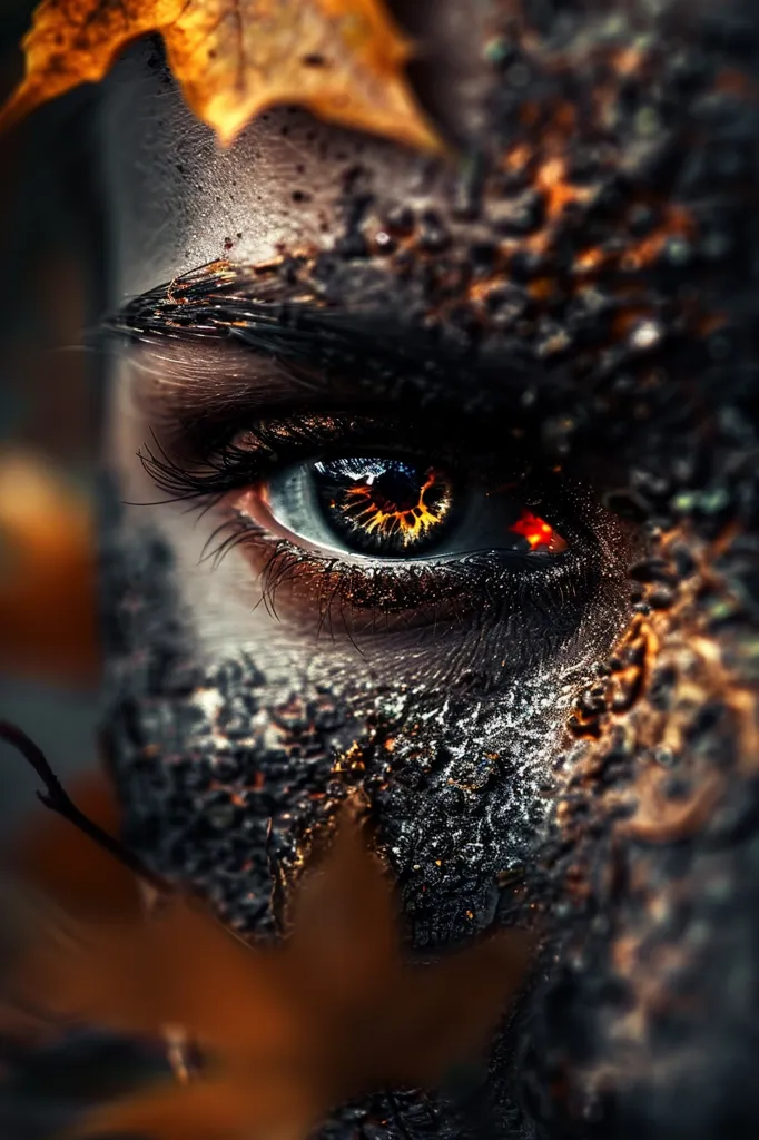 A close-up image of an eye, possibly human, with intense makeup.  The eye is surrounded by dark, textured skin and appears to be burning with a fiery orange glow.  The image has a dark and mysterious feel, possibly suggesting danger or even evil.