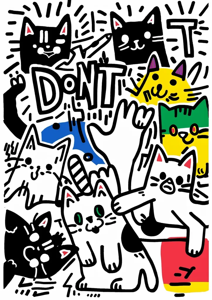The image features a colorful and playful illustration of cats. The word "DON'T" is prominent in the center, surrounded by cats with various expressions and poses. One cat is even wearing a green hat. The style is cartoonish, with bold outlines and bright colors. There are also scribbled lines and patterns in the background, adding to the playful atmosphere. The overall mood is lighthearted and fun.