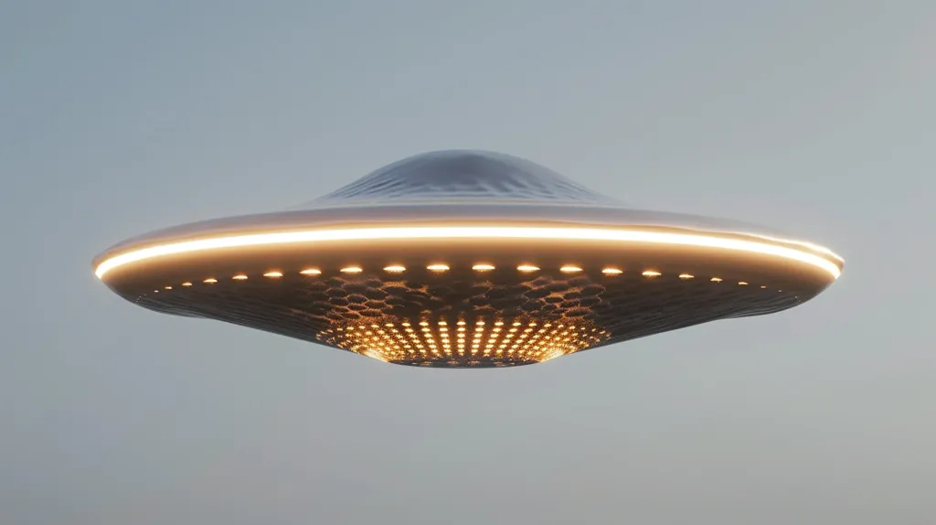 A classic flying saucer shape with a bright white rim of light and a grid of glowing yellow lights on its underside. It hovers in a pale blue sky, looking like it has just arrived from another planet.  The image evokes feelings of wonder and mystery.