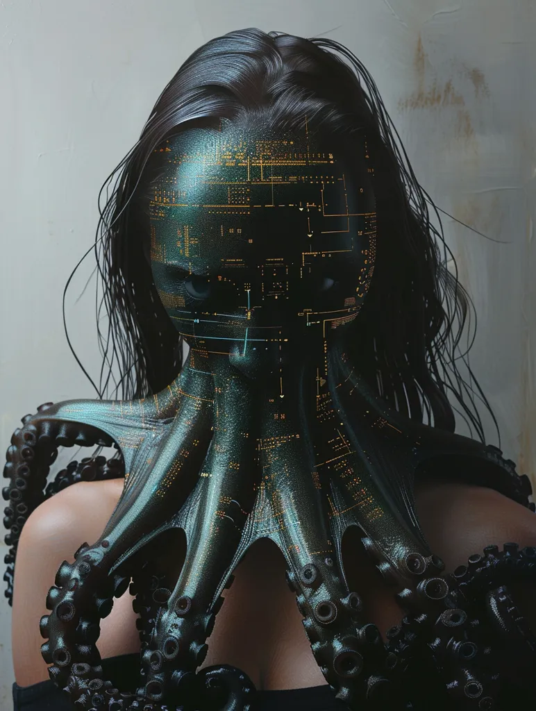 A woman with long black hair wears a mask that blends with a digital octopus, its tentacles flowing over her shoulders and chest. The mask is a complex grid of glowing lines and circuits, obscuring her features but hinting at a technological connection. The image is dark and mysterious, evoking themes of technology, transformation, and the merging of human and machine.