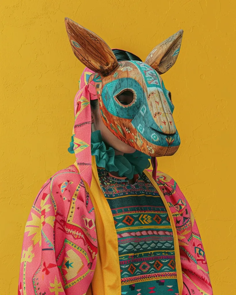 A person wearing a colorful, patterned outfit and a wooden mask shaped like a deer's head. The mask has intricate details and a bright turquoise and orange color scheme. The person is standing against a yellow wall, which creates a vibrant contrast with their attire. The overall image is whimsical and playful, with a touch of mystery.