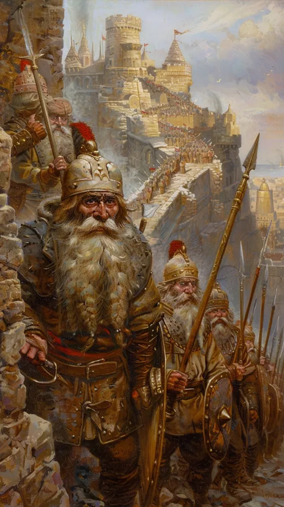 The painting depicts a group of heavily armed dwarves marching towards a large stone fortress. The leader, a bearded dwarf with a long, flowing beard, stands at the forefront, wielding a sword and shield. Behind him, his men hold spears and shields, their faces set in grim determination. The fortress, a massive structure with towers and walls, looms in the background, and a multitude of figures can be seen scaling its ramparts. The scene evokes a sense of impending battle and courage in the face of adversity.