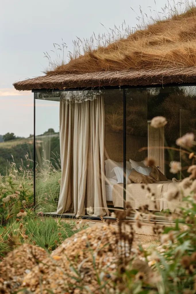 A modern cabin with a grass roof sits nestled amidst tall grasses. The cabin has large glass windows revealing a cozy bedroom with a bed, pillows, and a light brown curtain. The natural light casts a warm glow on the interior, creating a sense of tranquility and peace.  The rustic cabin blends seamlessly with the surrounding landscape, creating a harmonious and serene environment.